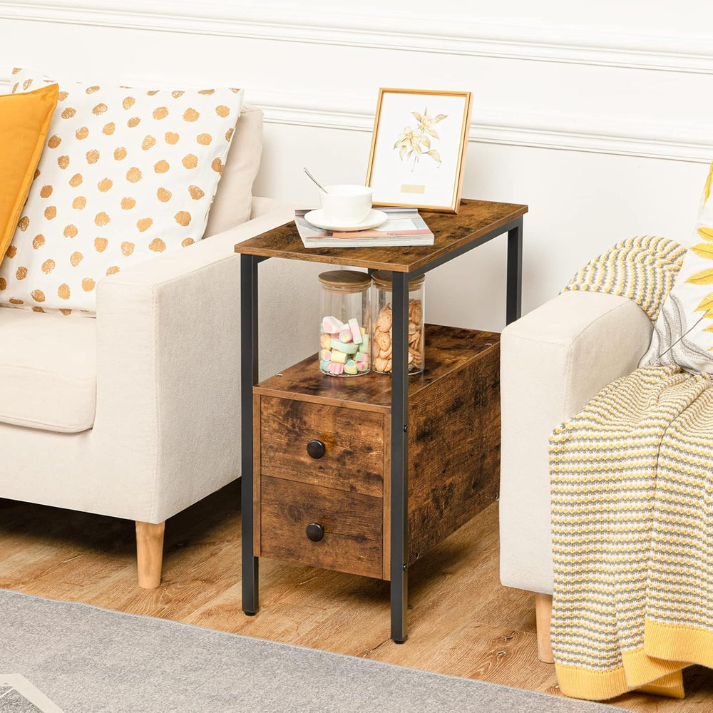HOOBRO End Table, Narrow Chairside Table with Drawer and Open Storage Shelf, ...