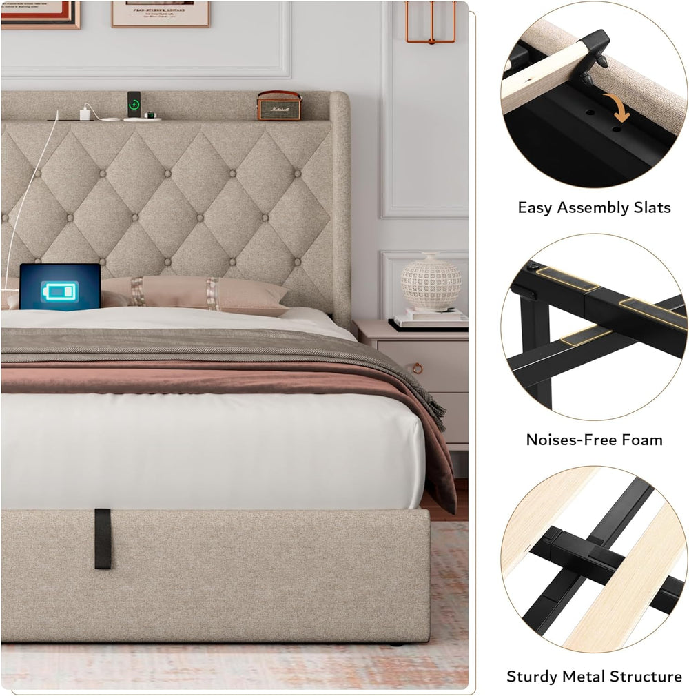iPormis Queen Size Lift Up Storage Bed Frame with Charging Station, Upholster...