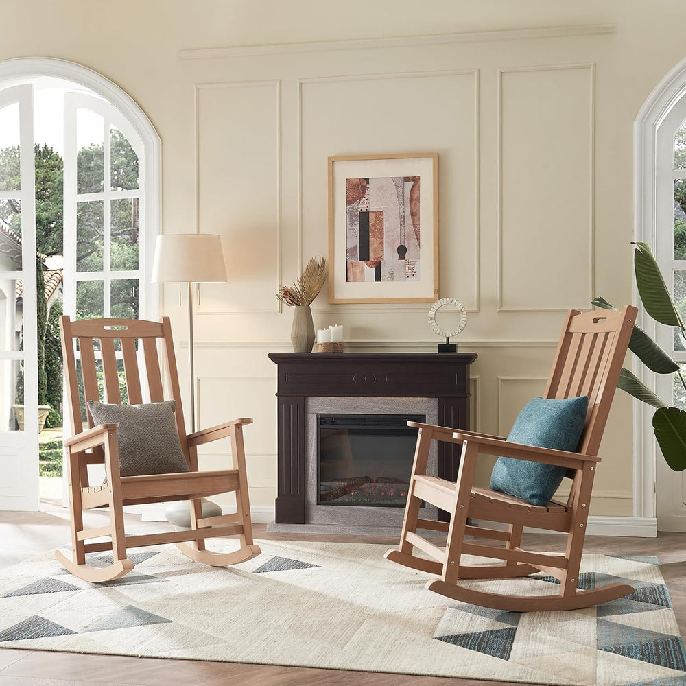 Psilvam Outdoor Rocking Chairs Set of 2, Oversized Porch Rocker (Teak)