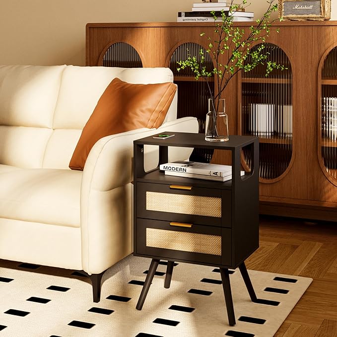 Rattan Nightstand,Farmhouse Bedside Table with 2 Storage Drawer and Open Wood...