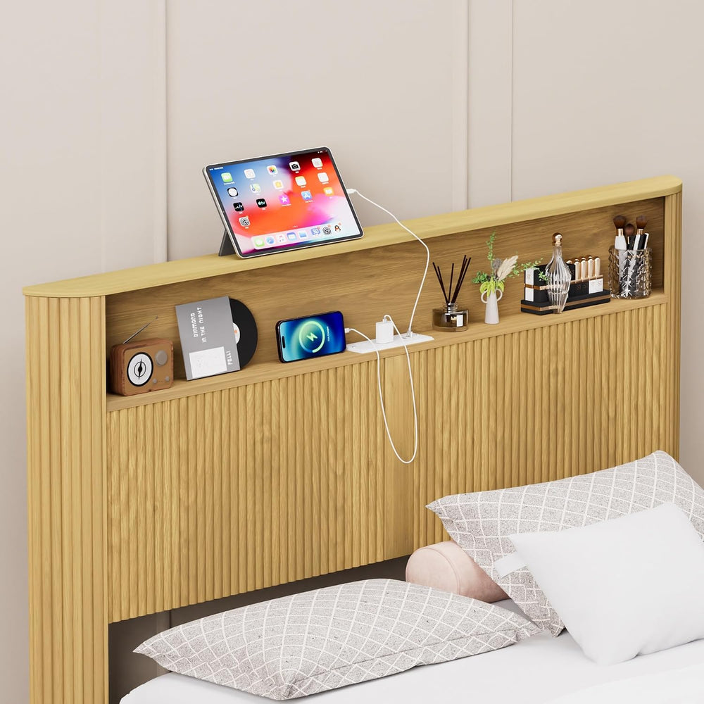 Peanu Queen Bed Frame, Storage Headboard, Charging Station, Silent, Natural