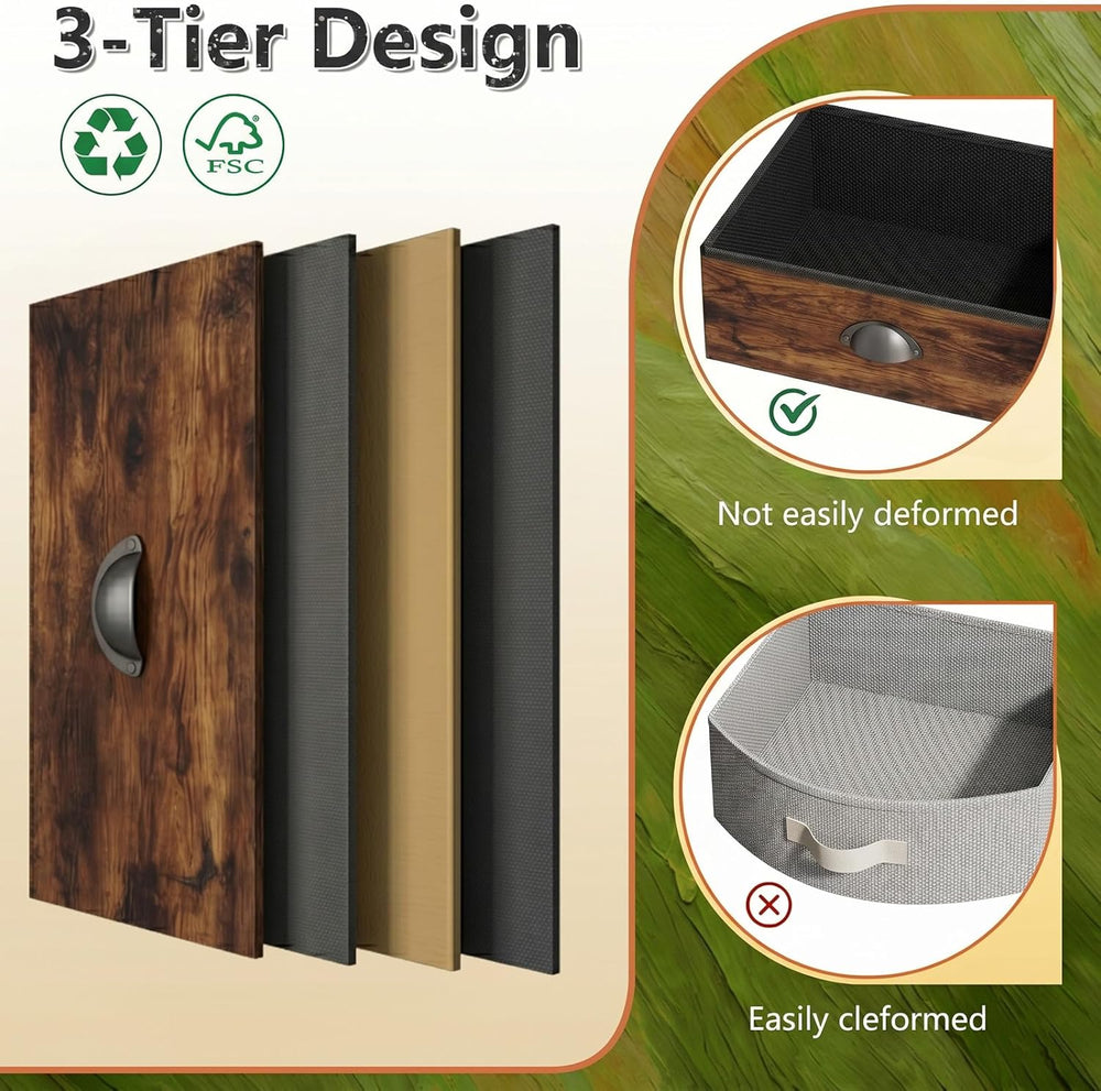 Night Stand Set 2, Tall Nightstand with 3 Fabric Drawers, Bedside Table with ...