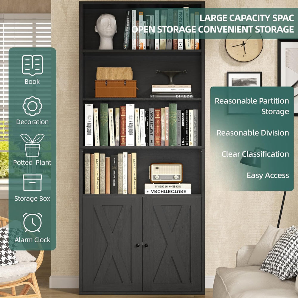 Modern Bookshelf with Doors, Industrial Bookshelves with 6-Tier Shelf, 71 inc...