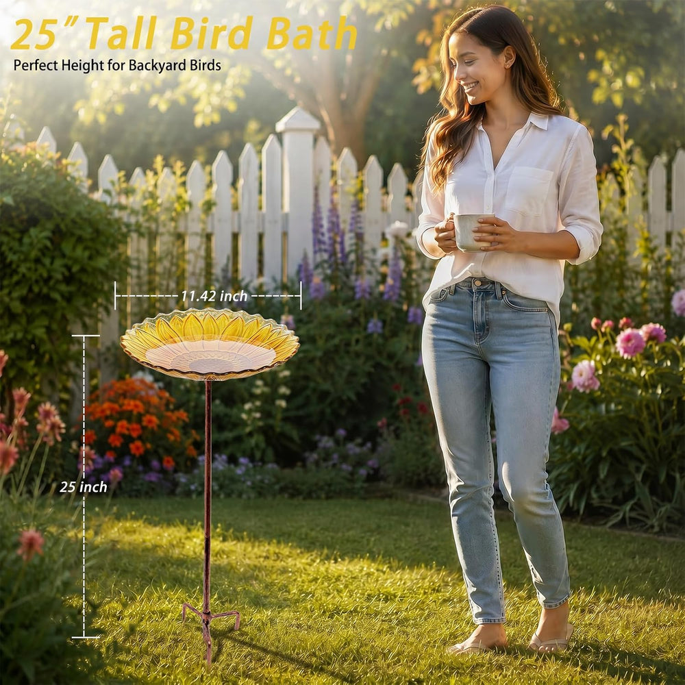 MUMTOP Glass Bird Bath, Garden Outdoor Birdfeeder with Metal Stake, Yellow