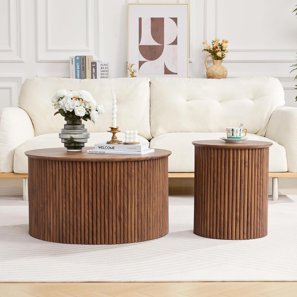 Fluted Round Nesting Coffee Table Set of 2 Circle Center Table Living Room | ...