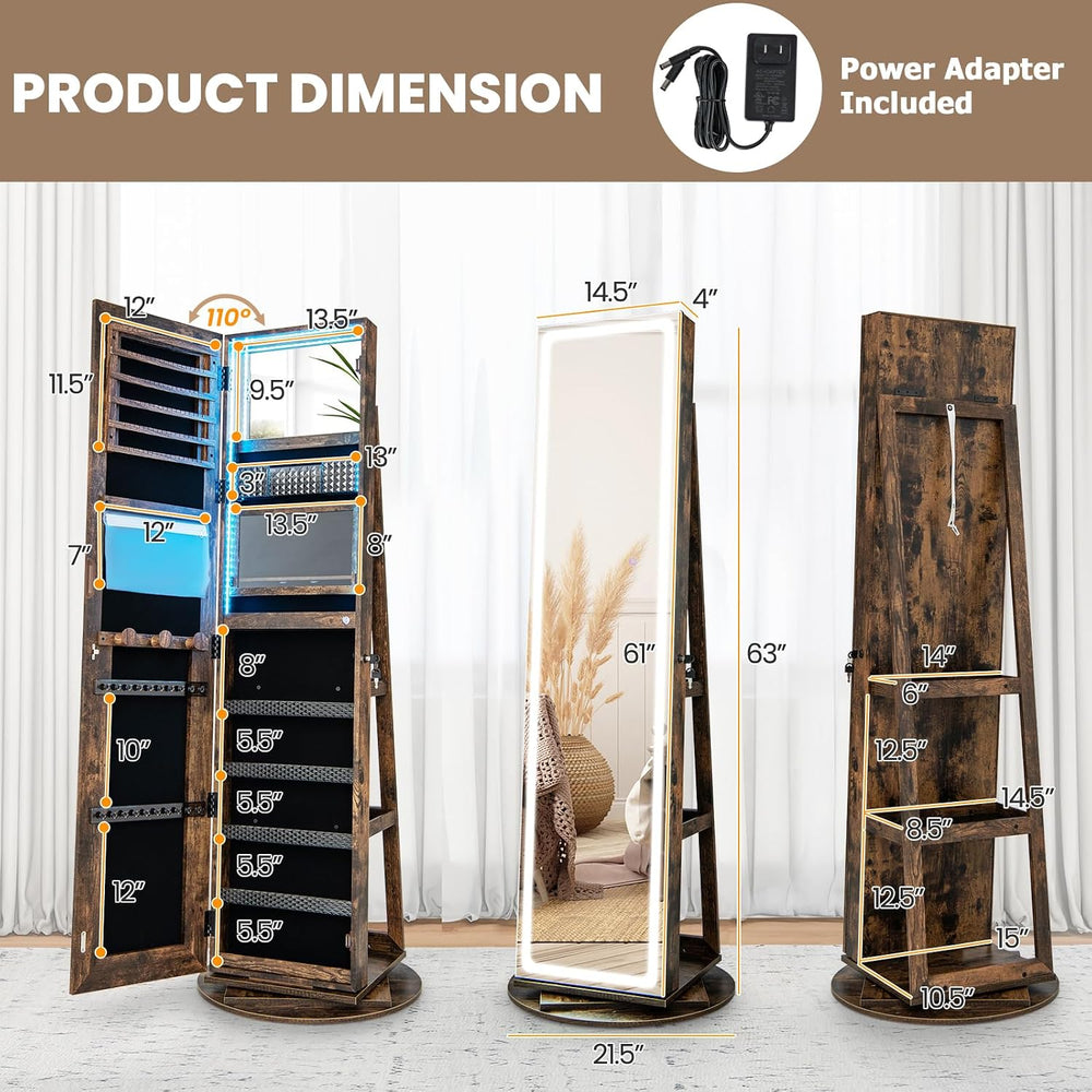 CHARMAID 360° Swivel Jewelry Armoire with LED Lighted Full Length Mirror