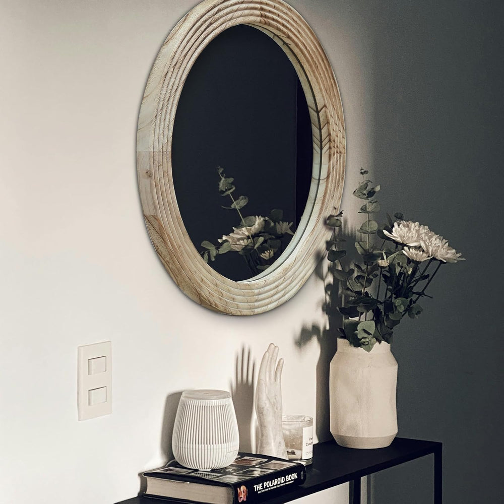 LOSOUR Round Mirror, Farmhouse Decor Solid Wood Frame Wall Circle Mirror, Dec...
