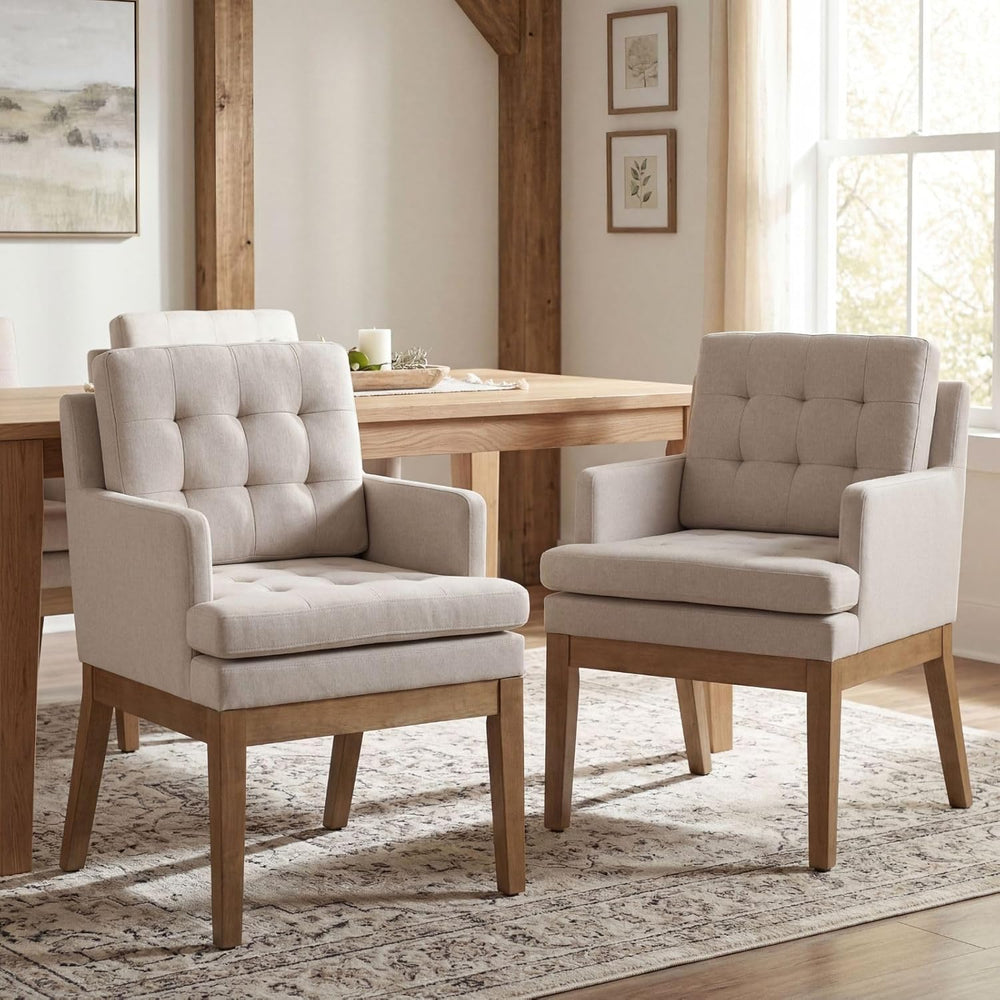 Linen Fabric Dining Chairs Set of 2, Upholstered Tufted Kitchen Room Chairs w...