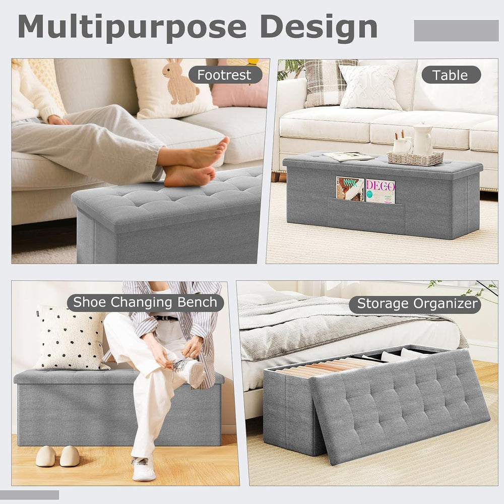 GOFLAME 43 Inches Folding Storage Ottoman Bench, Linen Fabric End of Bed Benc...