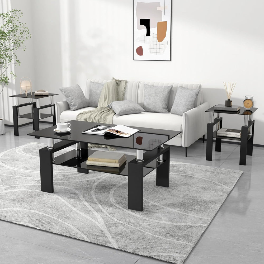 Glass Coffee Table and End Table Set of 3, 2-Tier Classic Design, Tempered Gl...