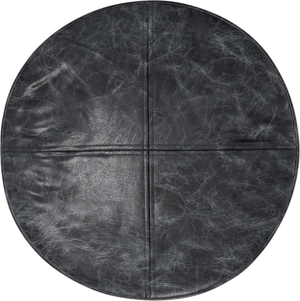 SIMPLIHOME Connor 18" Wide Round Pouf in Distressed Black Genuine Leather