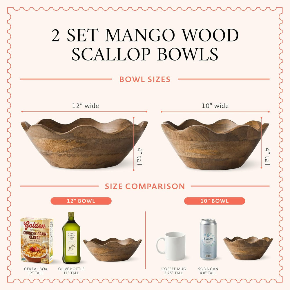 Premium Acacia Salad Bowl Set - Natural Finish, 10in and 12in, 2-Set