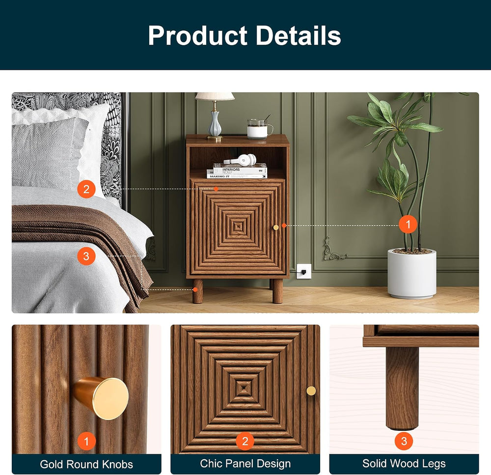 RoyalCraft Walnut Nightstand Set of 2, Night Stand with Charging Station | Mi...