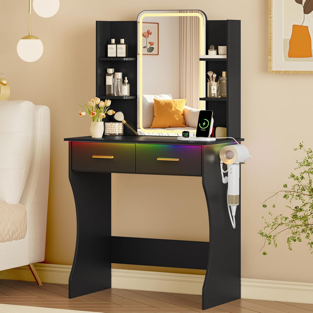 Xixini Vanity Desk with LED Lights Mirror & Power Outlet, Small Makeup Va...