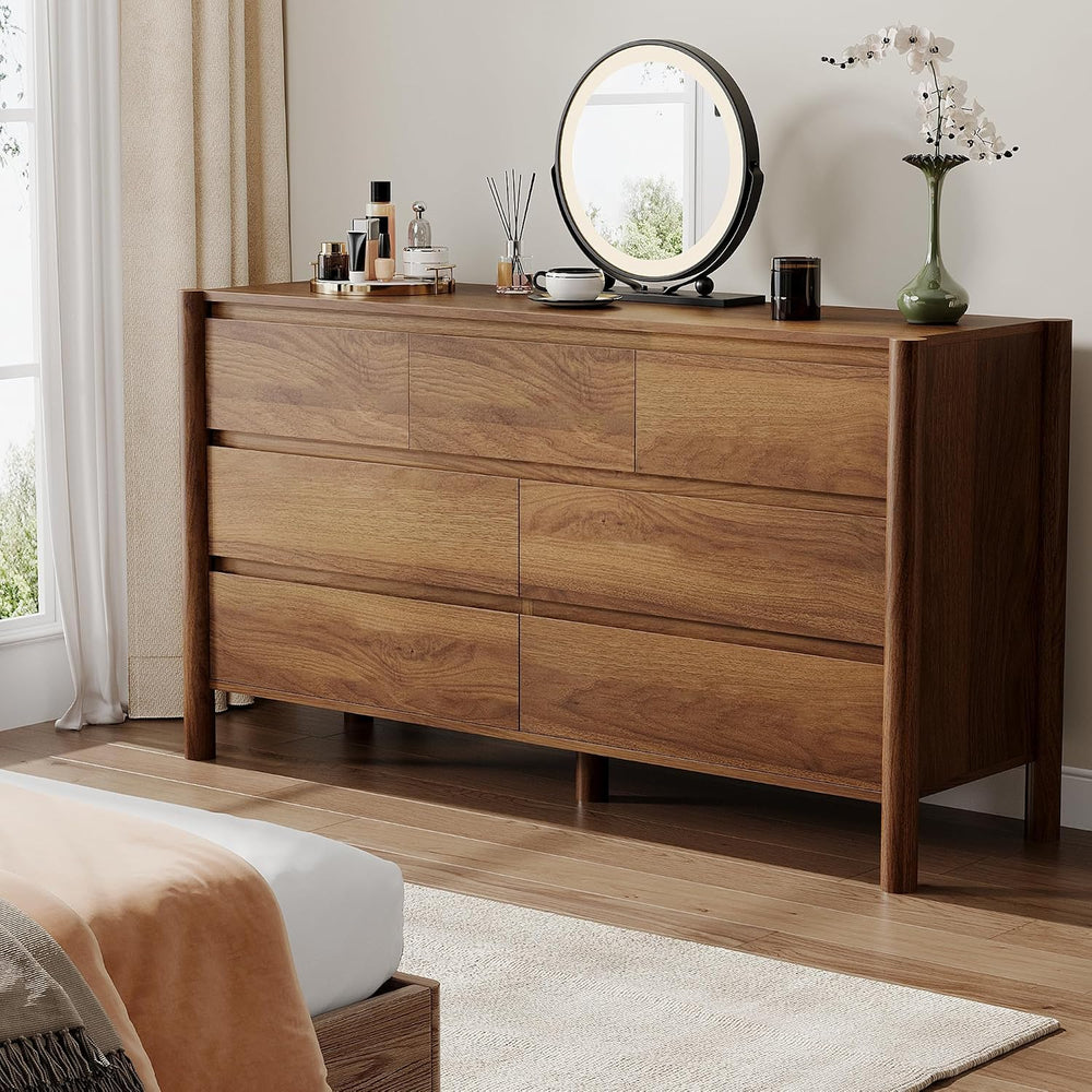 Walnut Dresser for Bedroom,51"Wide 7 Drawer Mid Century Modern Chest