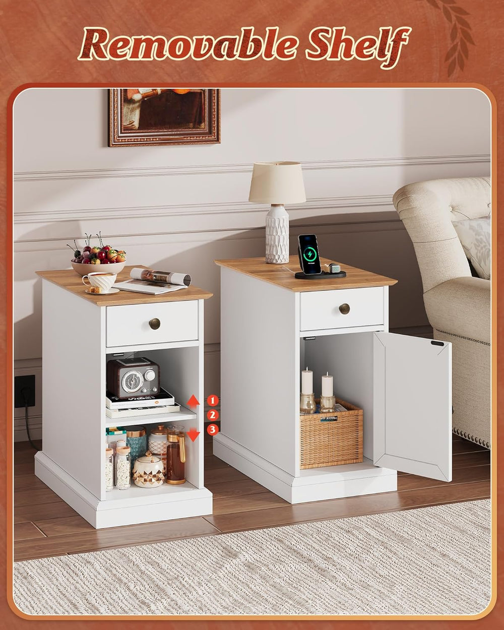 WLIVE End Table with Charging Station, Narrow Sied Table with Drawer & Ca...