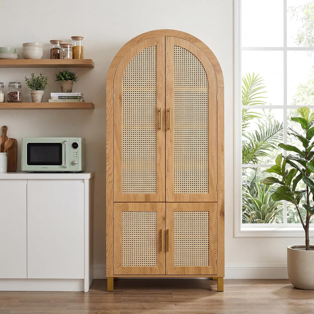 Merax 71'' Tall Farmhouse Rattan Arched Storage Cabinet | Boho Style ...