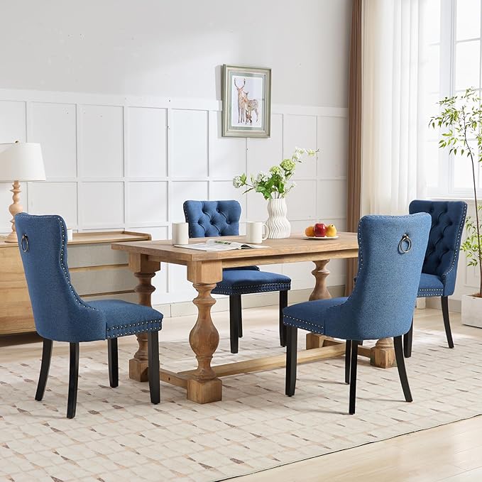 Blue Dining Chairs Set of 6, Upholstered Tufted Linen Fabric Dining Room Chai...