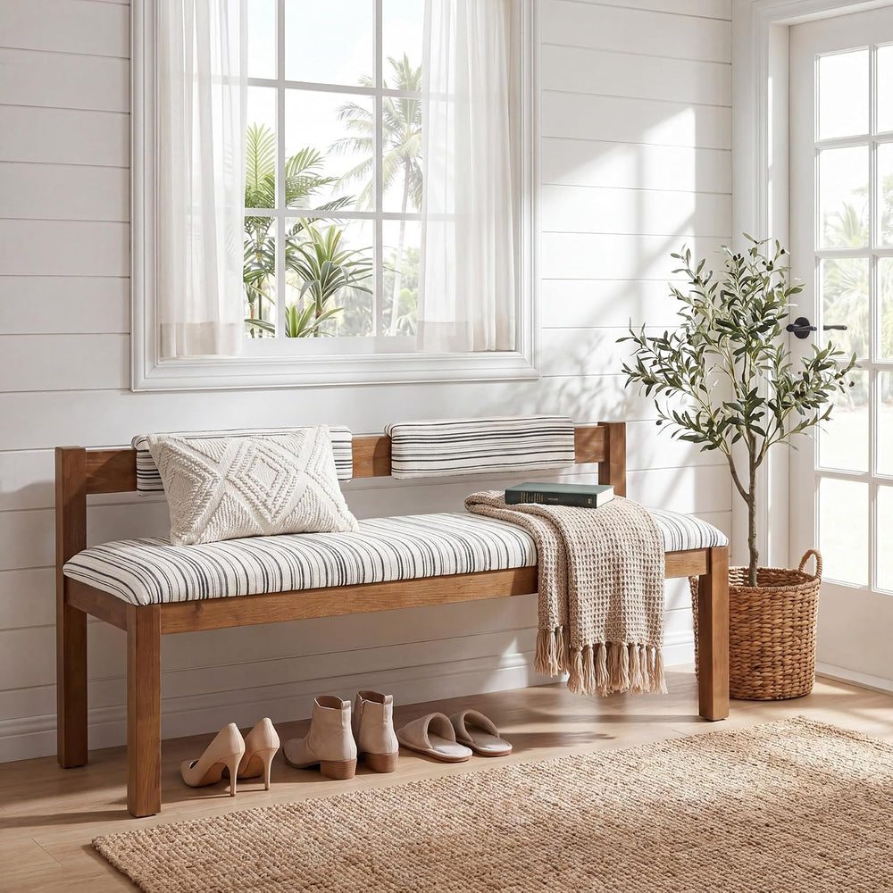 Wood Dining Bench, 55" Upholstered Kitchen Bench with Backrest | Farmhou...