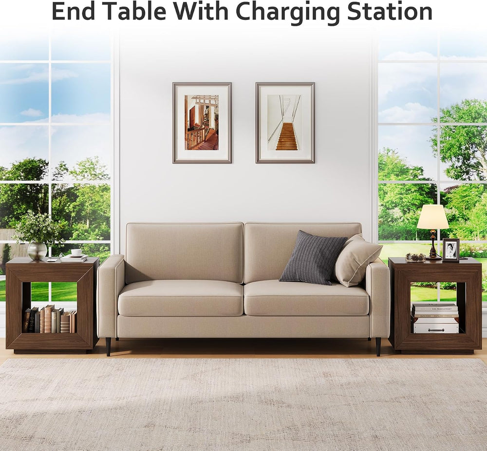 Rustic Wood End Table with Charging Station, 2 Tiered Side Table with Light S...