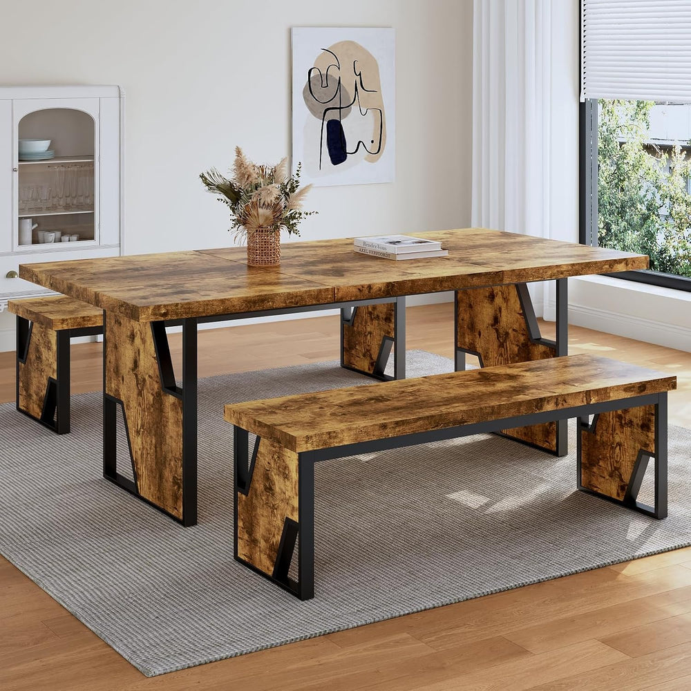 HIPIHOM 70.8" Wooden Dining Table with 2 Benches Kitchen Table and Chairs