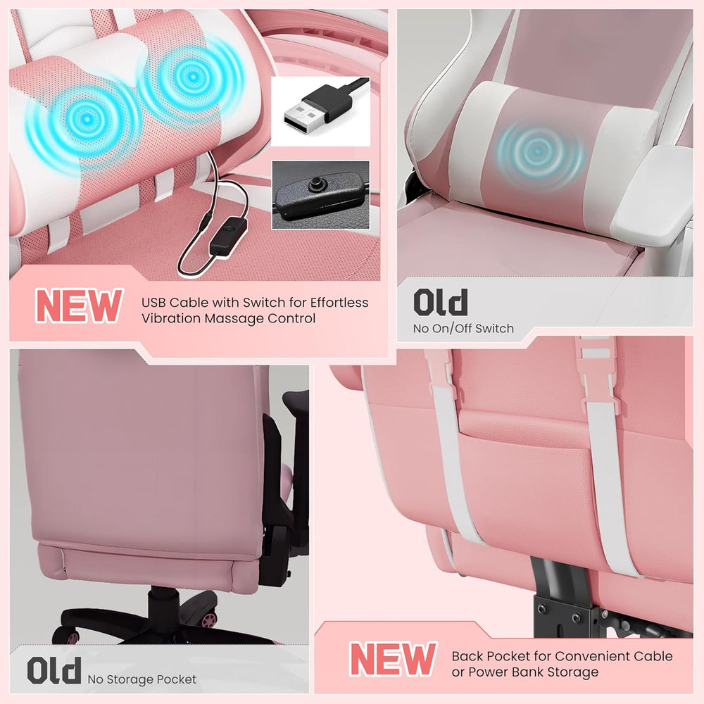 Yaheetech Gaming Chair with Footrest Massage Lumbar Pillow Pink and White | F...