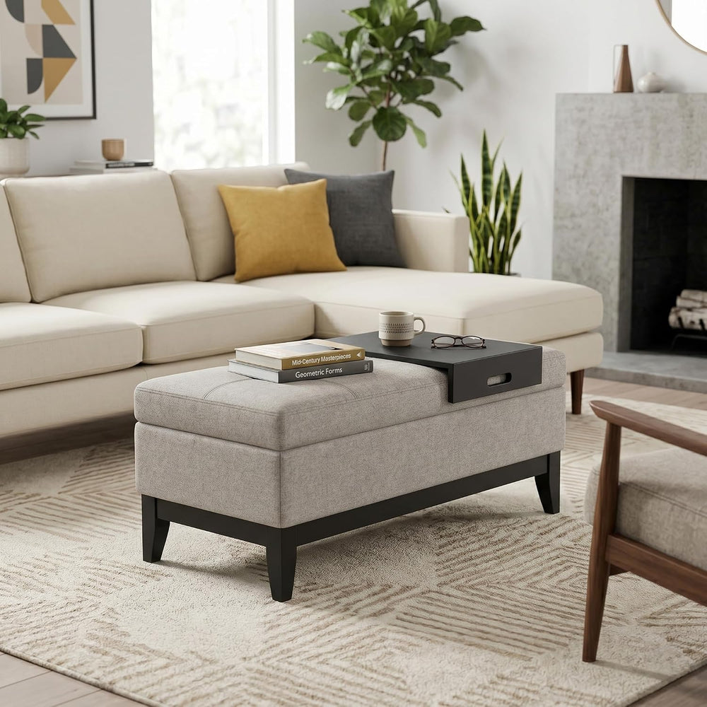 SIMPLIHOME Oregon 42" Wide Linen Look Fabric Storage Ottoman in Cloud Grey