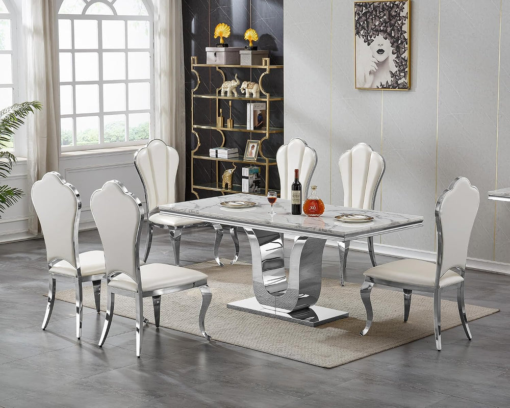 Faux Marble Dining Table for 4 to 6, 68 inch Luxury Dining Room Table with Wh...