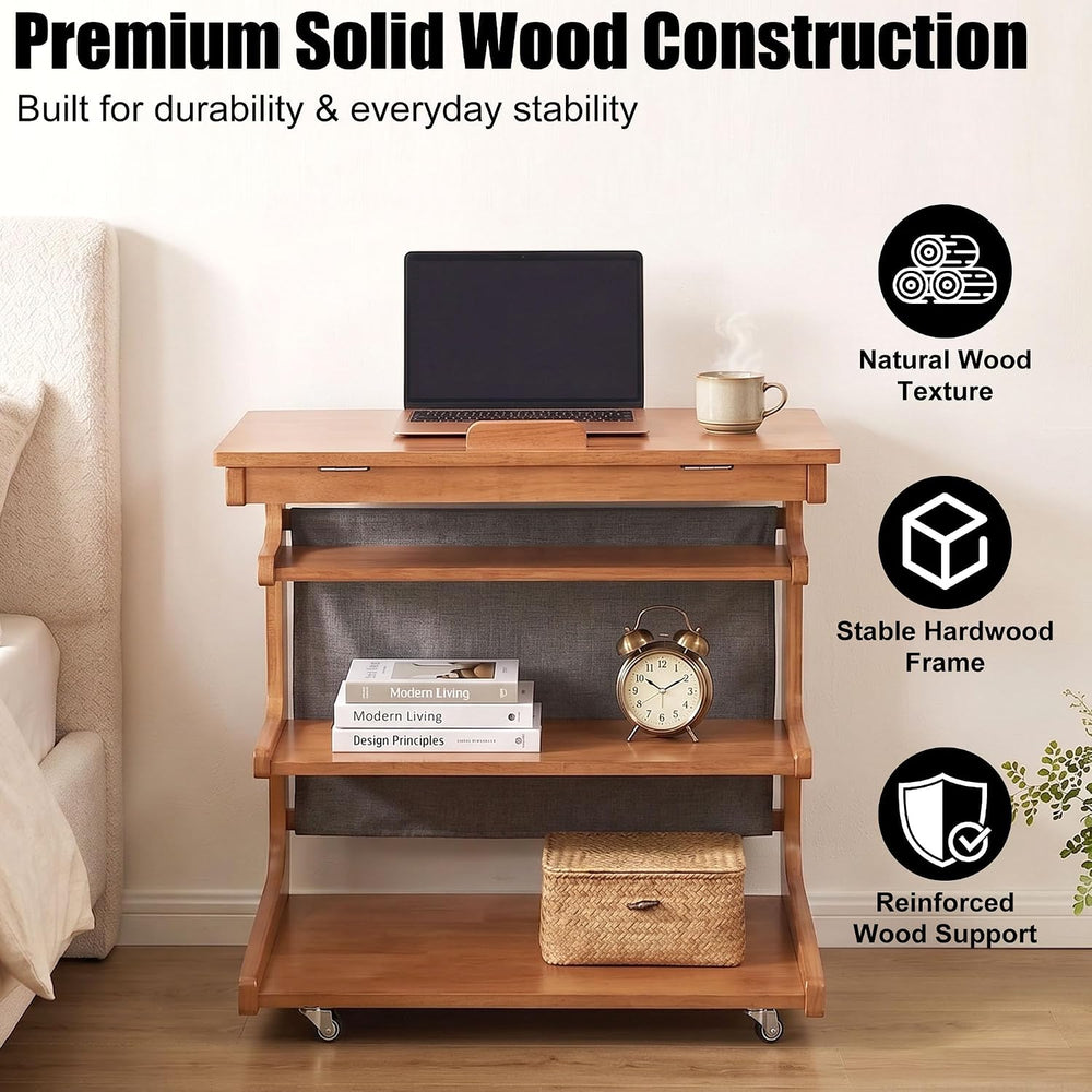 100% Solid Wood C Shaped End Table with Swivel Wheels, Lift Top Couch Table w...