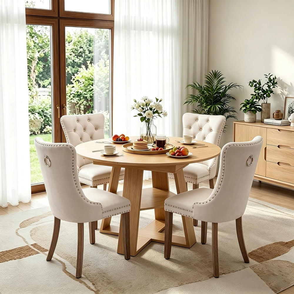 5 Piece Round Extendable Dining Table Set for 4, 43"-59" Natural Wo...