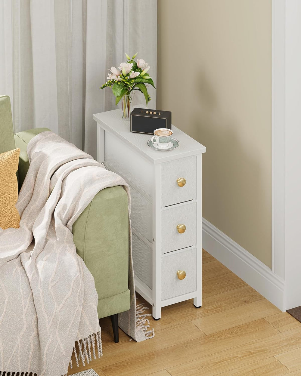 CHOEZON Narrow Side Table with 3 Fabric Drawers, Industrial Slim Bedside Tabl...