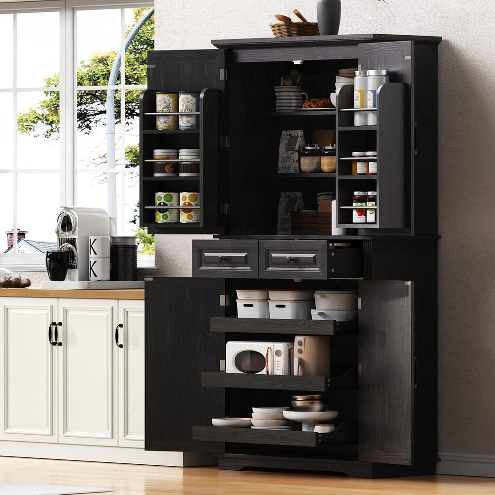 Tall Arched Pantry Cabinet with Pull-Out Cabinet Organizers, Brown | 71"...