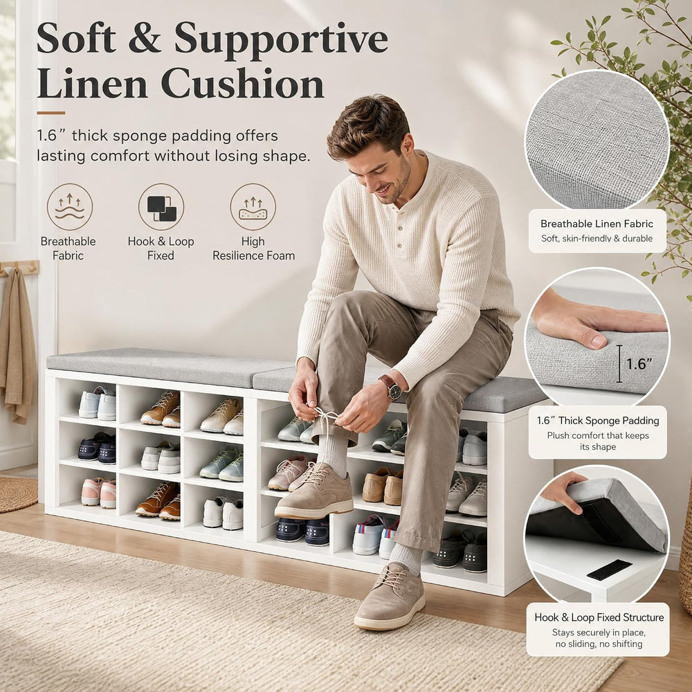 Shoe Storage Bench with Padded Seat, 18-Cubby Shoe Organizer for Entryway, 59...