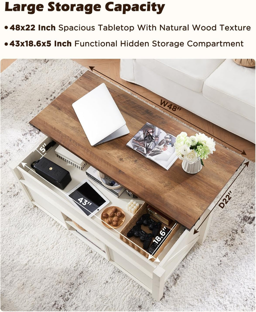 OKD 48" Farmhouse Lift Top Coffee Table, Sliding Barn Door, Antique White
