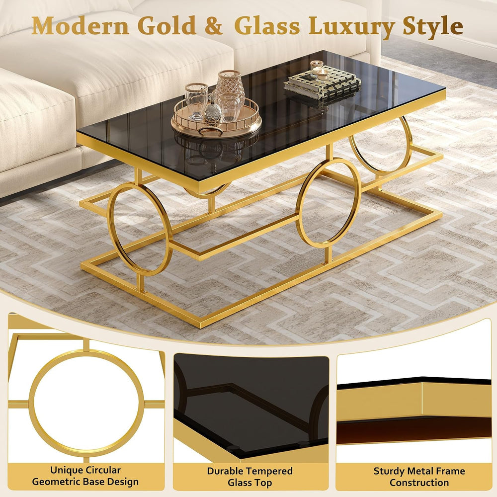 Glass Nesting Coffee Table Set with Metal Frame & Glam Design, Gold &...