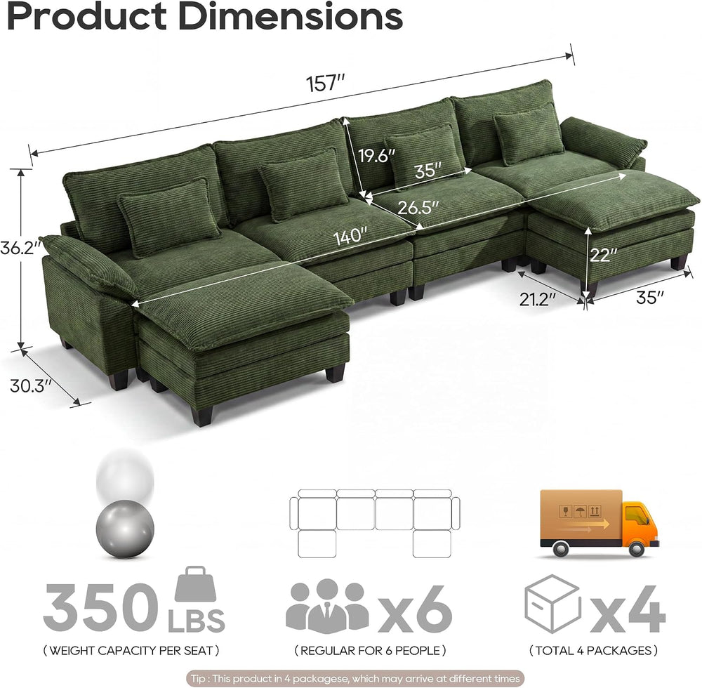 URRED Oversized Modular Sectional Sofa,Solid Green:157" U Shaped | Moder...