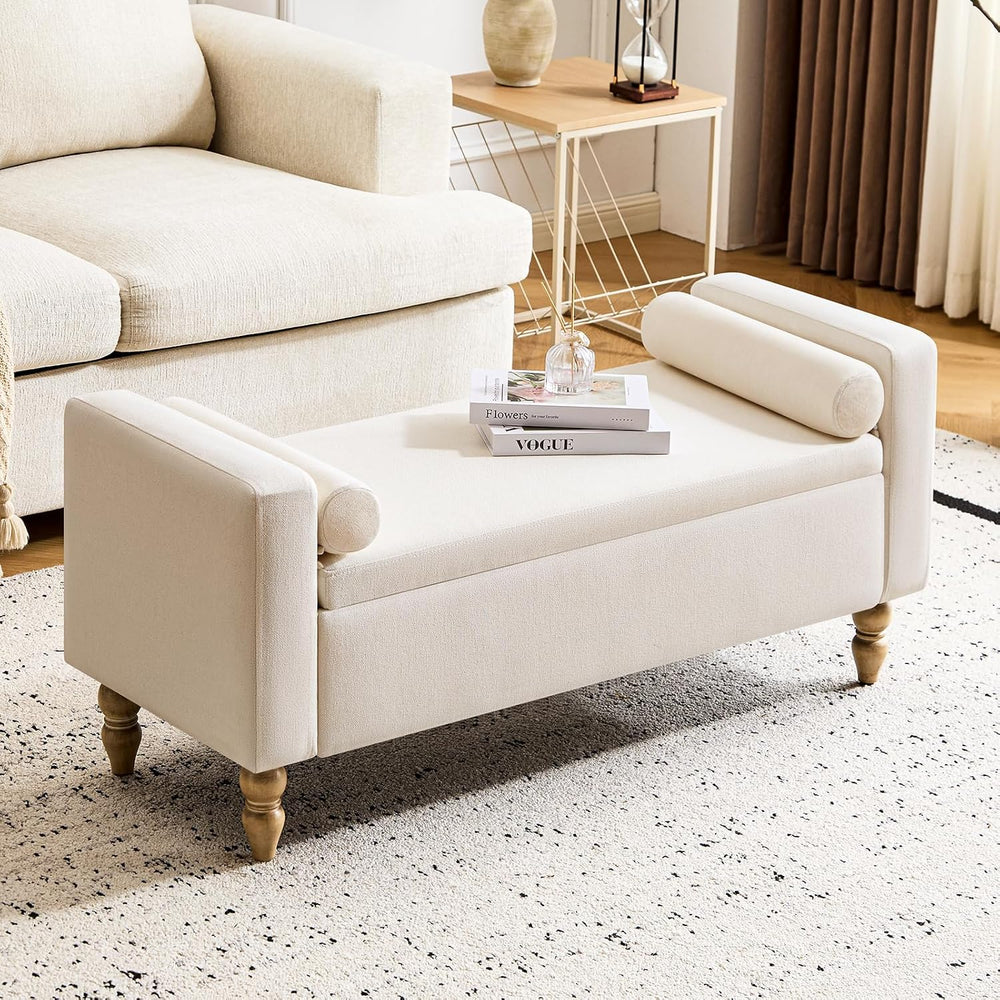 Large Storage Ottoman Bench, 45.7" Linen Upholstered Entryway Bench with...