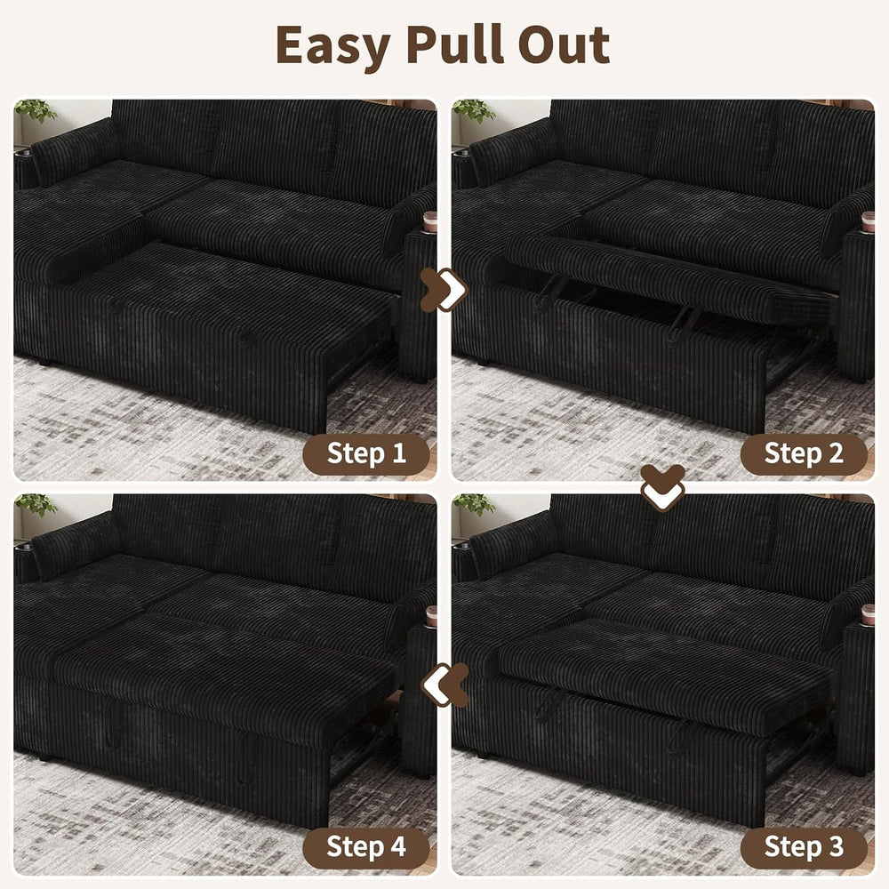 3 in 1 Pull Out Couch, Corduroy L Shaped Couch Sleeper Sofa Bed, Black | Reve...