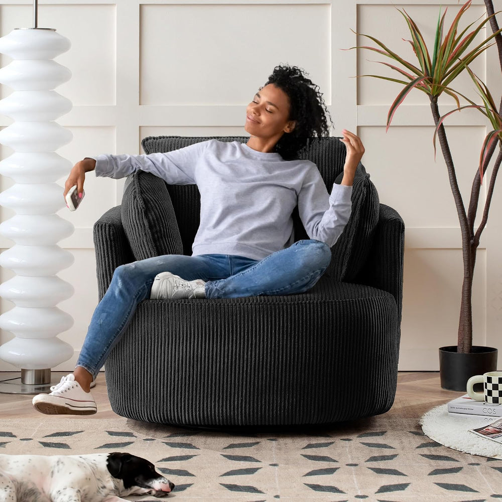 Swivel Accent Chair Round Barrel Armchair Upholstered Living Room Chair Cordu...