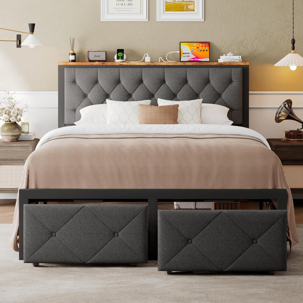 Einhomn Queen Bed Frame with 2 Storage Drawers, Metal Platform Bed with Charg...