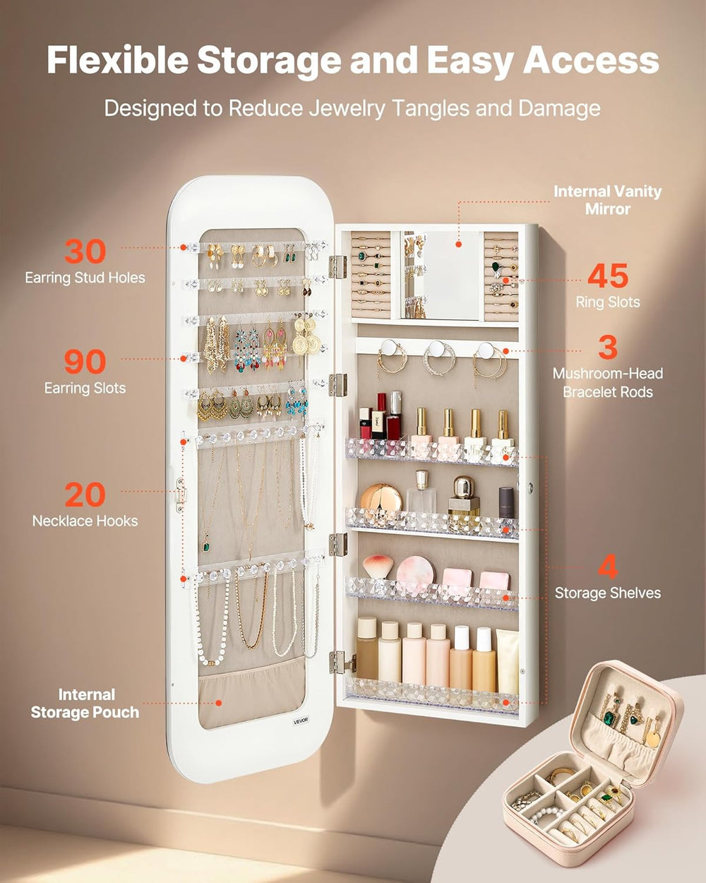 VEVOR Mirror Jewelry Cabinet, 42.5-inch Tall, Full-Length Mirror with Storage...