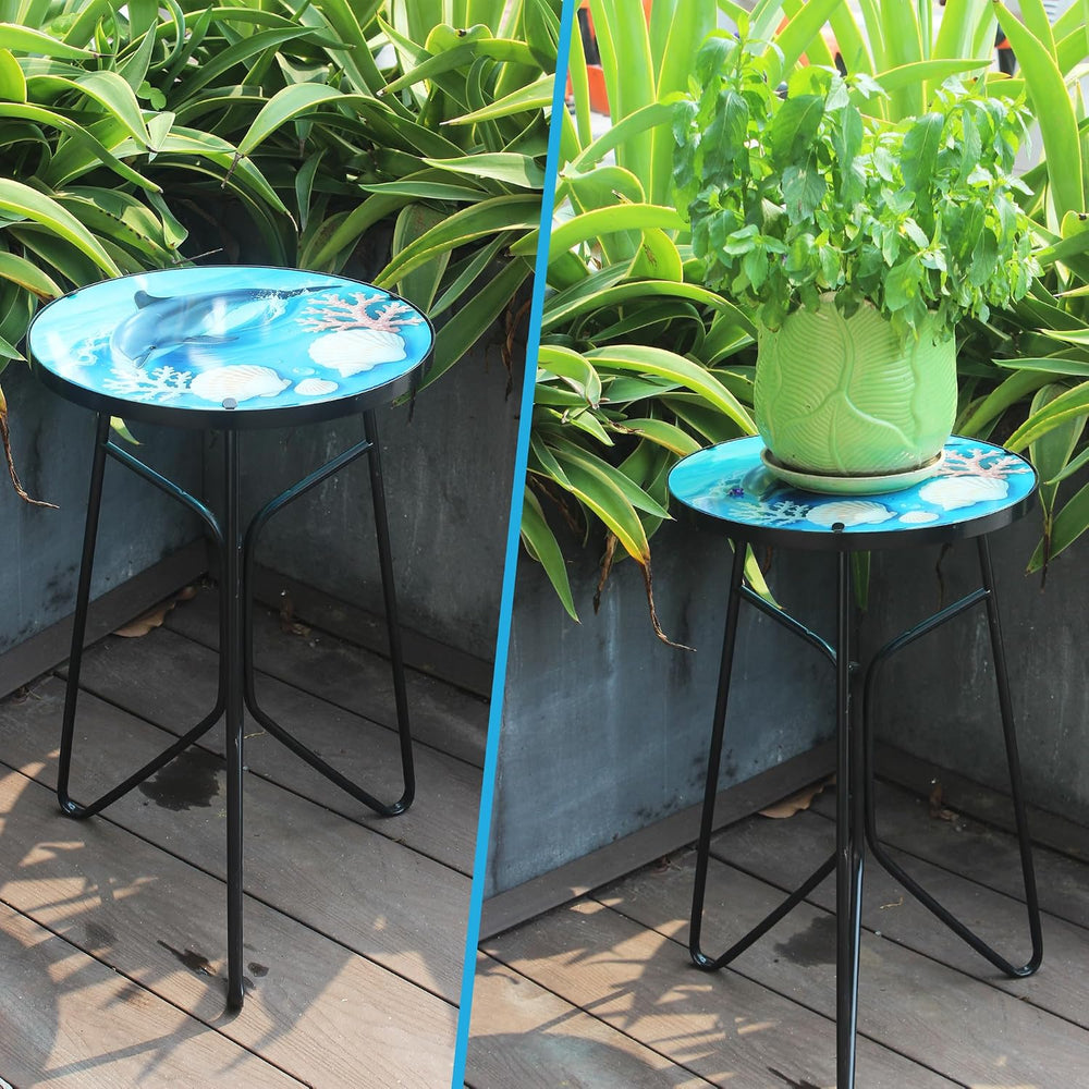 12 Inch Folding Outdoor Side Tea Table, Dolphin Shell Coral Small Accent Tabl...