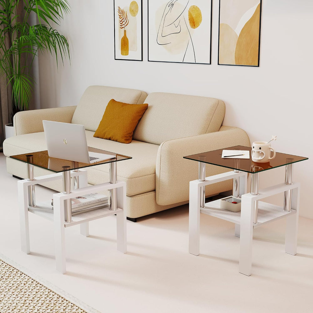 Set of 2 Glass End Table, 2-Layer Glass Living Room Table, Modern Tea Table S...