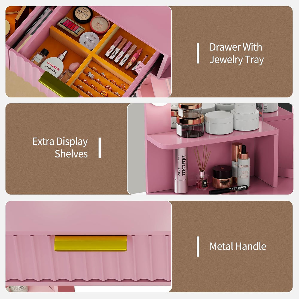 Corner Vanity Desk with LED Mirror, Power Outlet and 3 Light Modes - Pink | S...