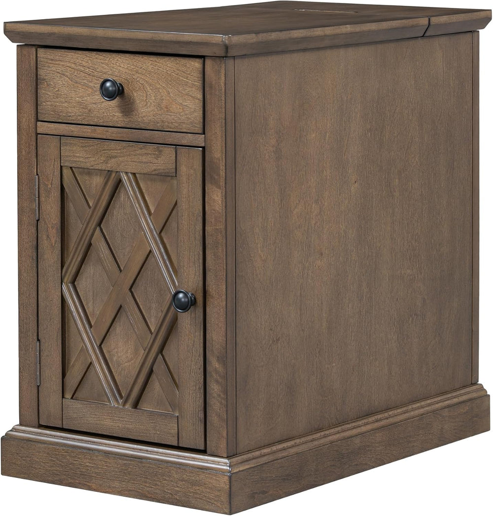 Merax Vintage End Table with Charging Station, Narrow Side Table with Cup Hol...