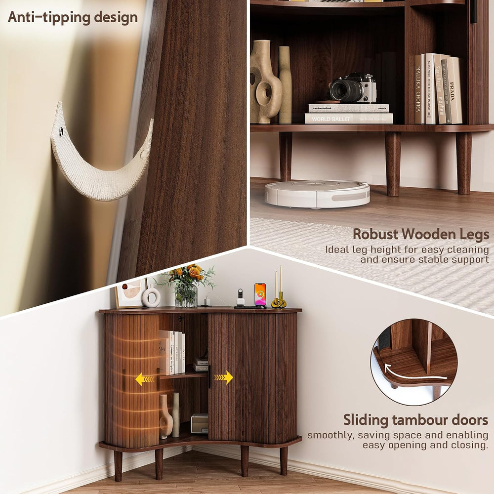 wanan Wood Fluted Corner Cabinet with Built-in Outlets, Triangle Storage Cabi...