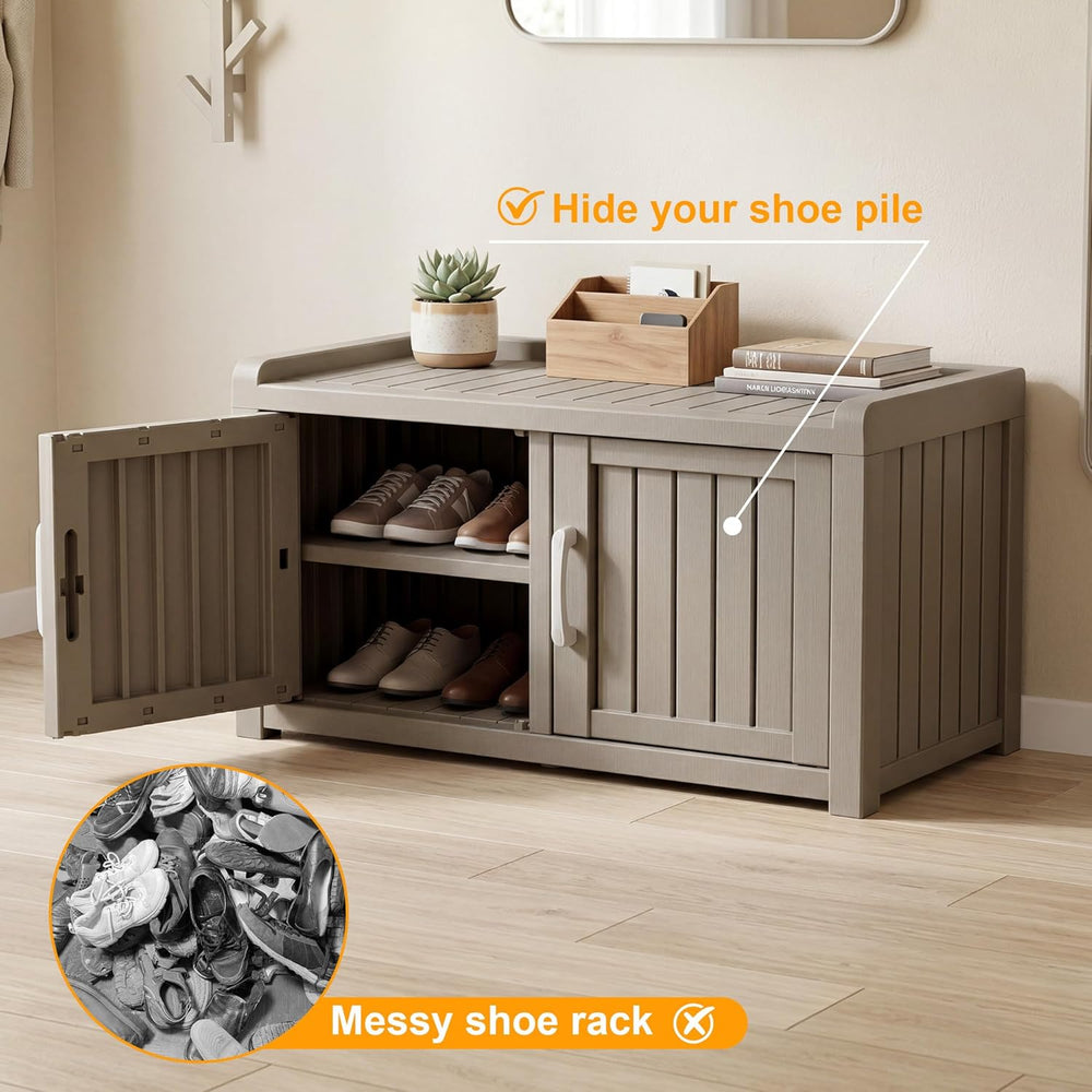 2-Tier Storage Bench, Waterproof UV-Resistant Outdoor Shoe Storage Cabinet, O...