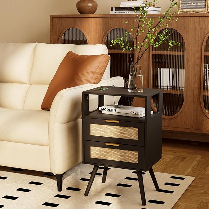 Rattan Nightstand with Charging Station,Farmhouse Bedside Table with 2 Storag...