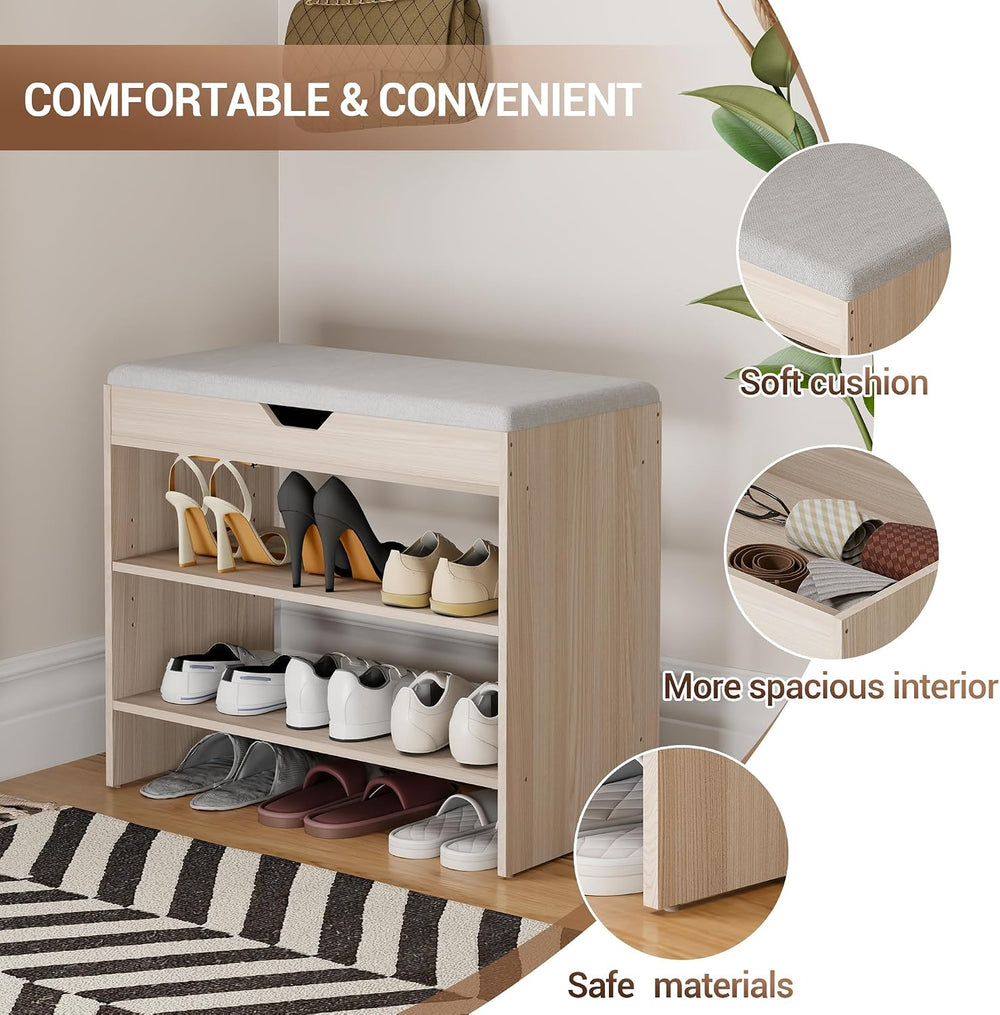 Shoe Bench with Cushion, 2 Tiers Shoe Bench with Flip-Top Storage, 23.6"...