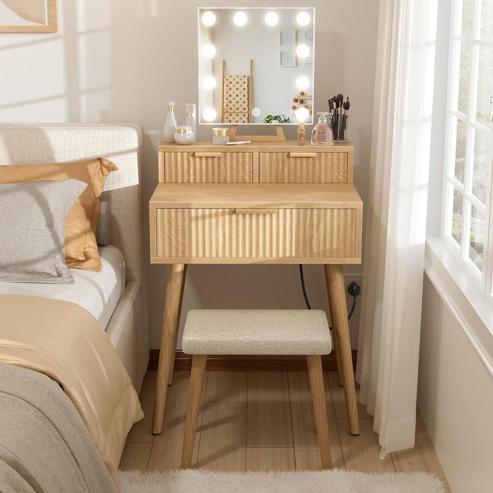 BOLUO Small Vanity Desk with Hollywood Mirror and Lights, Girls Vanity with S...